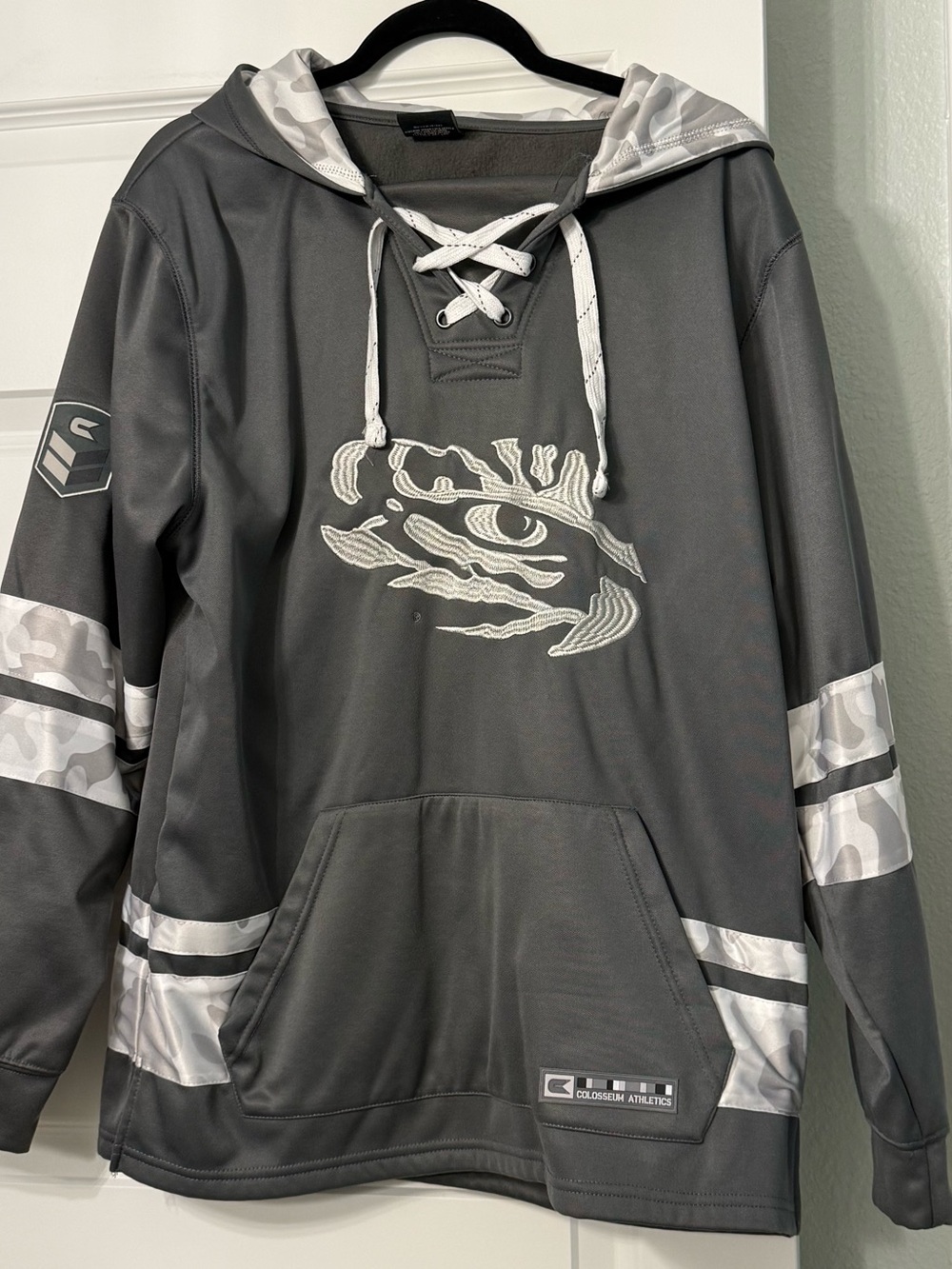 Colosseum Men's Gray Lace-Up Hooded Crewneck Pullover with Camouflage Accents